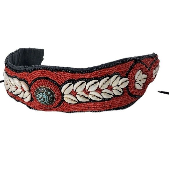 Vintage Ladakh Statement Belt Red Coral Seed Bead Turquoise Brass Cowry Shell - Picture 5 of 12